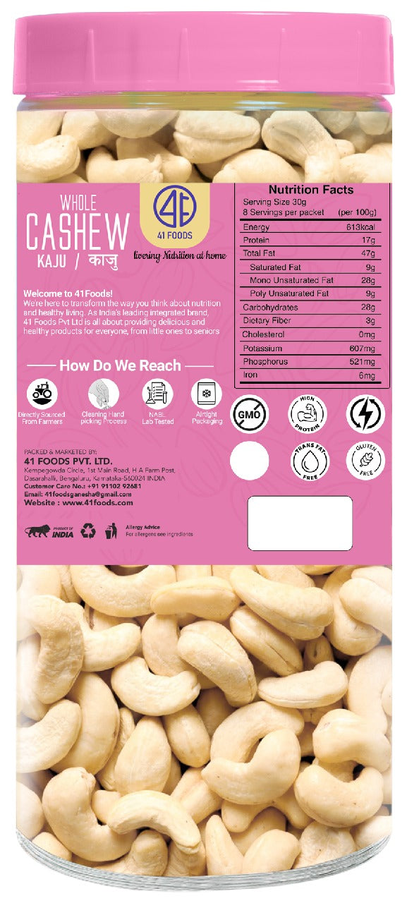 41 Foods 100 % Premium Healthy Dry Fruits  Pure Cashews Whole Kaju, Nutritious & Delicious, Premium Kaju Nuts, Rich In Protein, Magnesium & Phosphorus, Deluxe Size & Crunchy Nuts
