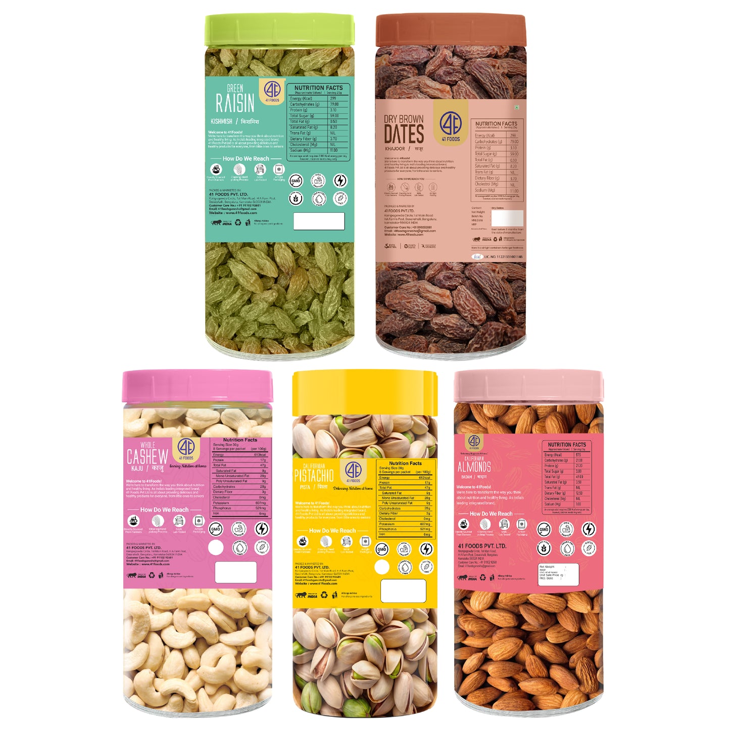 41 Foods 100 % Premium Healthy Dry Fruits  Combo of  Almond, Cashew, Pistachios, Raisins, Brown Date - Combo